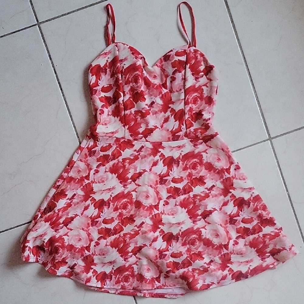 Floral Red and Pink Mini Flare Dress